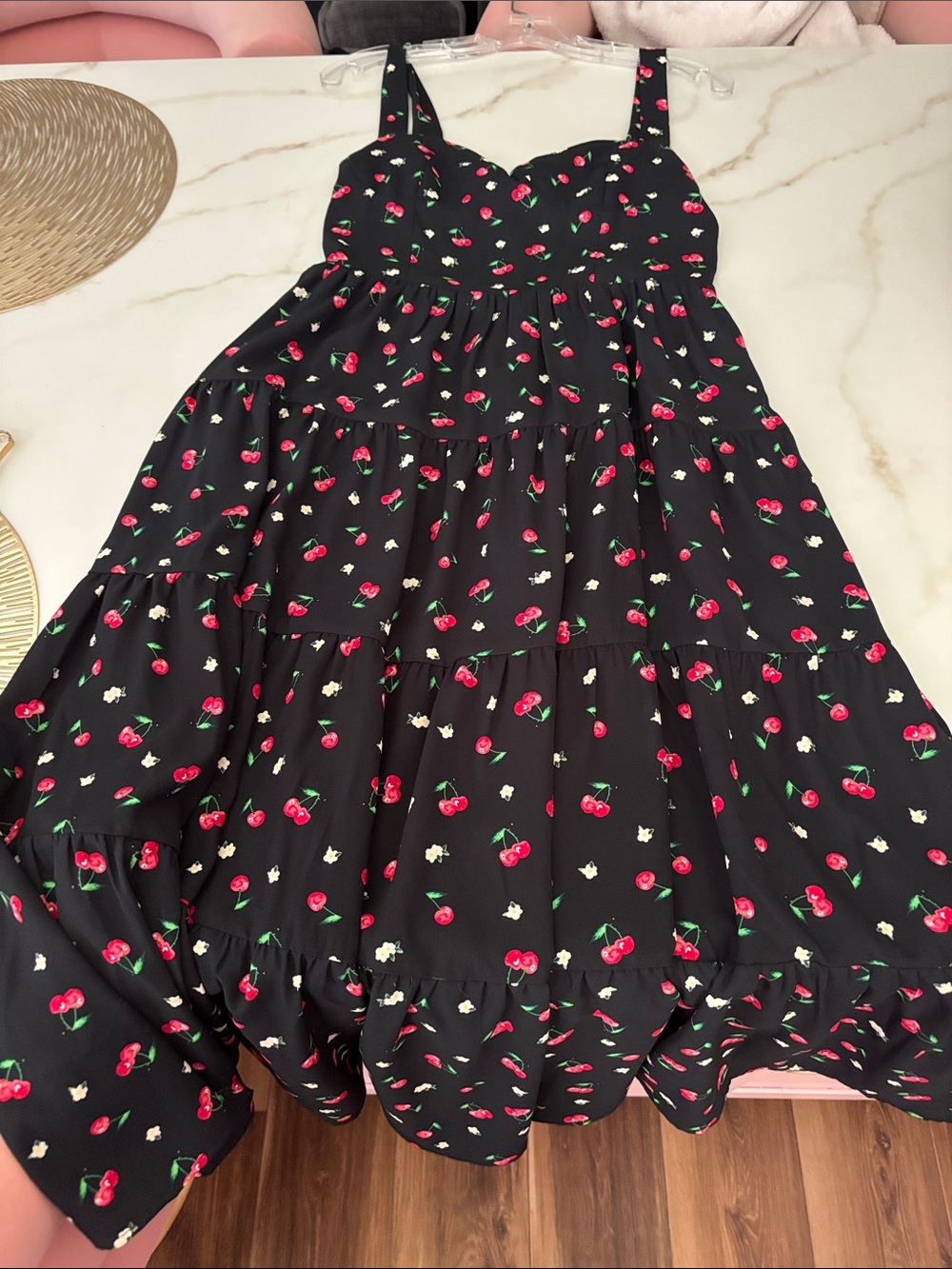 Aqua Black Midi Dress with Cherries & Flower Print
